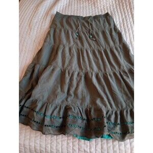 Old Navy Tiered Eyelet Maxi Skirt  Sz S Olive Gray Teal Lined Peasant Prairie